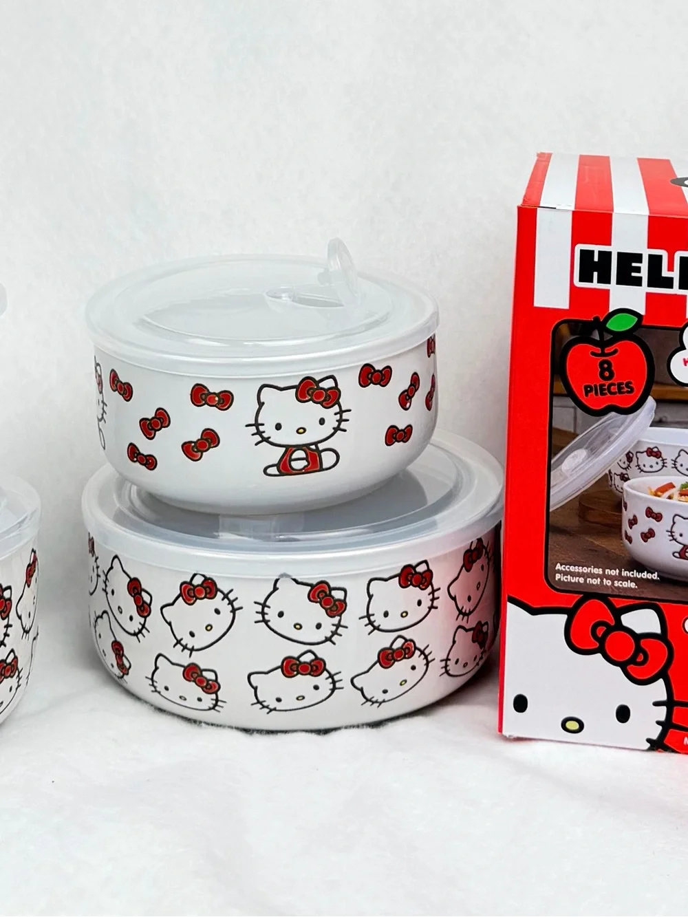 Hello Kitty White Ceramic Bowls with Red Bow Accents & Lids - 8 Piece Set